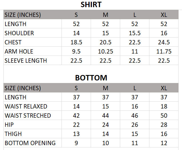 Size chart for Gul Bahaar - Anarkali - 2 piece