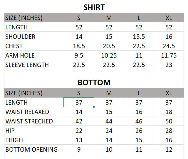Size chart for Raat ki Rani-Anarkali - 2 piece