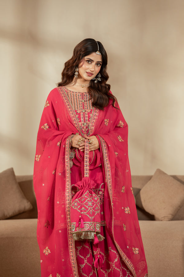 Noor-e-Jahan(Fuchsia Pink) –  Luxe Raw Silk & Chiffon 3-Piece Suit