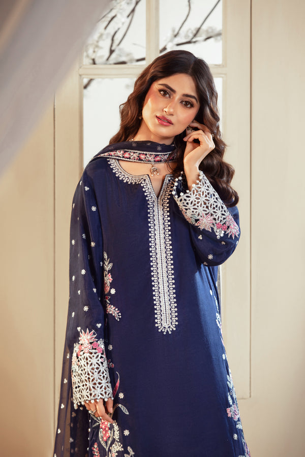 Gul-e-Naz(Royal Blue) –  Luxe Raw Silk & Chiffon 3-Piece Suit