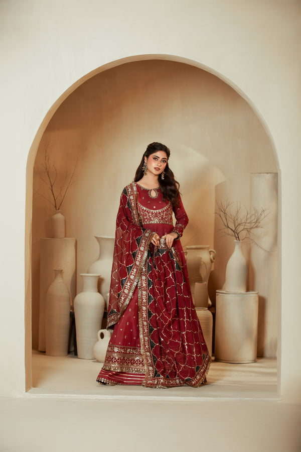 Umrao-Jann(Maroon) –  Luxe Raw Silk & Chiffon 3-Piece Suit