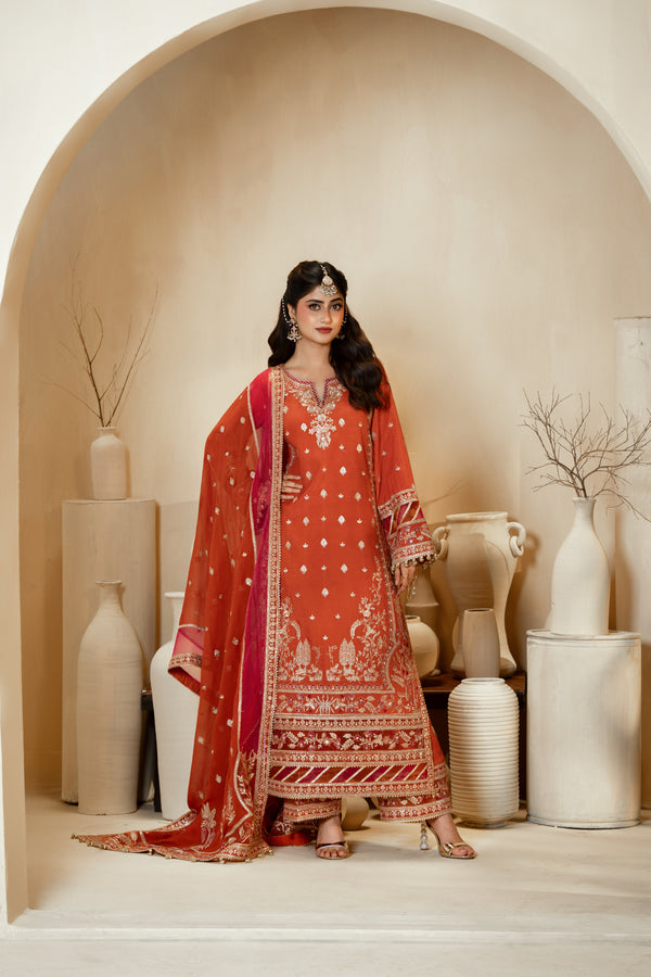 Gulzar(Orange) –  Luxe Raw Silk & Chiffon 3-Piece Suit
