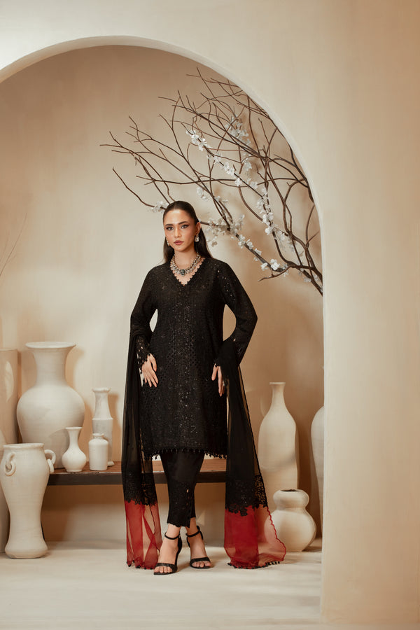 Siya Pari(Black) –  Luxe Raw Silk & Chiffon 3-Piece Suit
