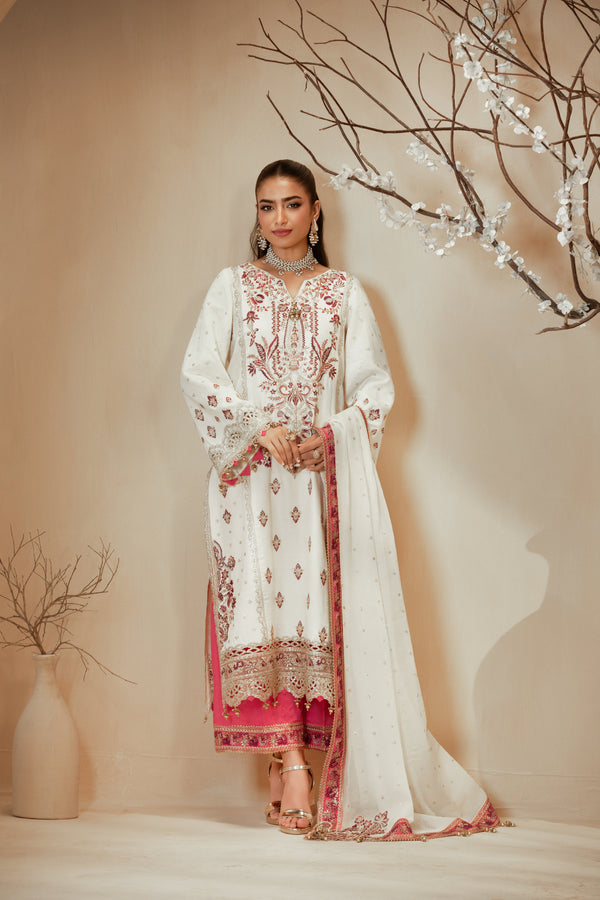 Parizad(Off White) –  Luxe Raw Silk & Chiffon 3-Piece Suit