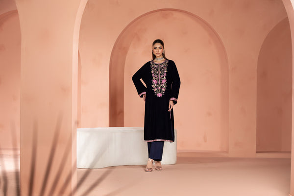 Zarmina (Dark Blue) – Signature Embroidered Velvet Shirt