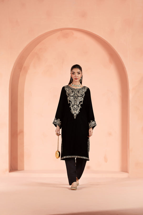 Raha (Black) –  Signature Embroidered Velvet Shirt