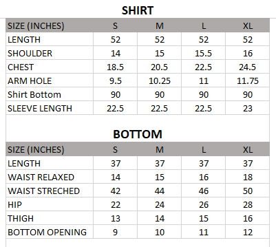 Size chart for Motia - Anarkali - 2 piece