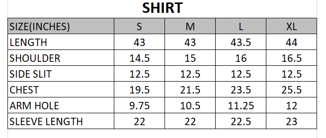 Size chart for Berry Velvet – Dailywear 1-Piece Shirt