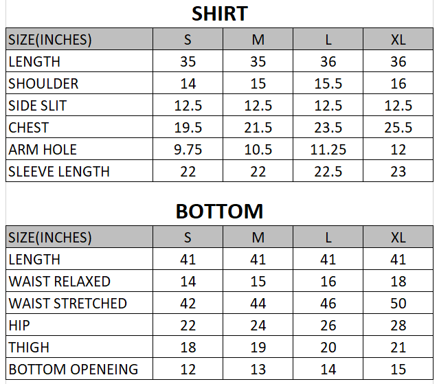 Size chart for Crimson - Rang e Bahar  - 2 Piece