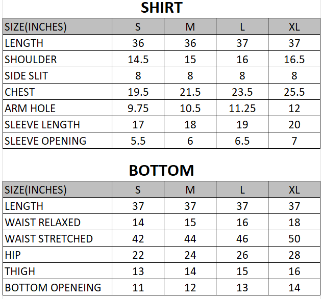 Size chart for Grace - Sunroom Story - 2 Piece