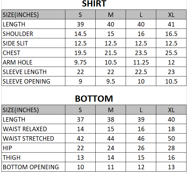 Size chart for Opal - Sunroom Story - 2 Piece
