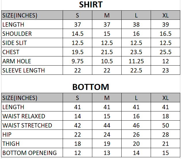 Size chart for Ebony - Rang e Bahar  - 3 Piece