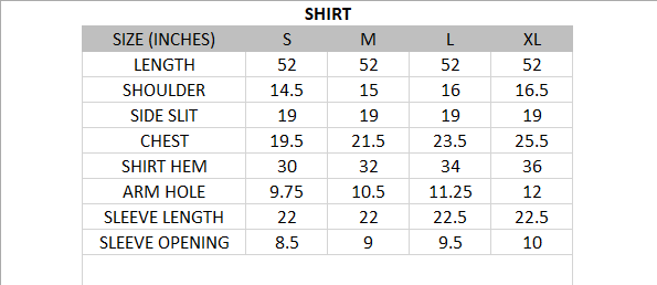 Size chart for Euphoria-Chic Collection-1 Piece