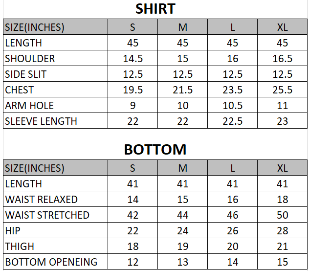 Size chart for Kajal-Laira - Summer RTW-2 Piece