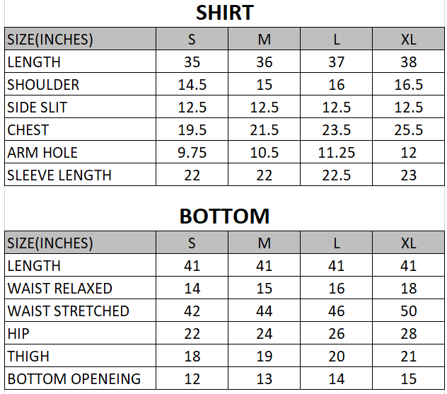 Size chart for Lal - Laira - Summer RTW-2 Piece