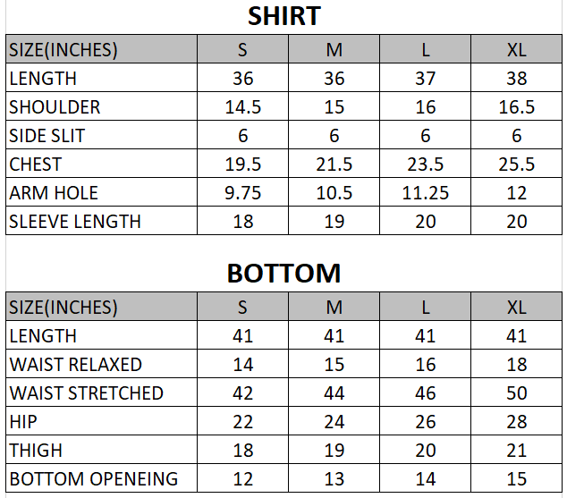 Size chart for Laleh - Laira - Summer RTW-2 Piece