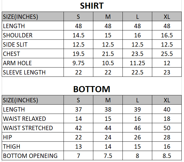 Size chart for Indigo-Muted Muse-2 Piece
