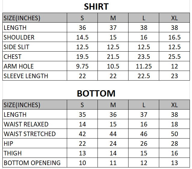 Size chart for Shadow - Muted Muse-2 Piece