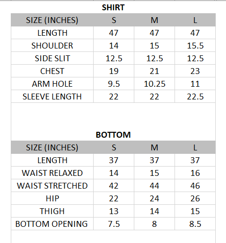 Size chart for Mahnoor - Eid Collection 3 piece