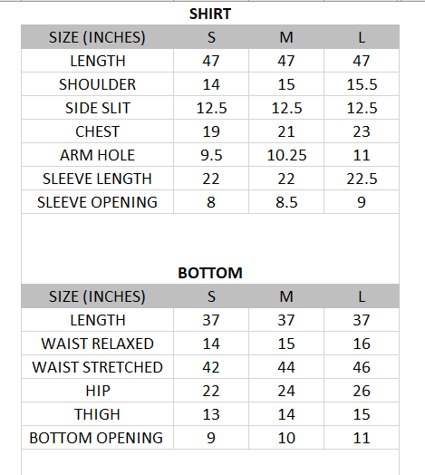 Size chart for Zarri  - Eid Collection 3 piece