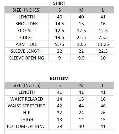 Size chart for Raniah - Eid Collection 3 piece