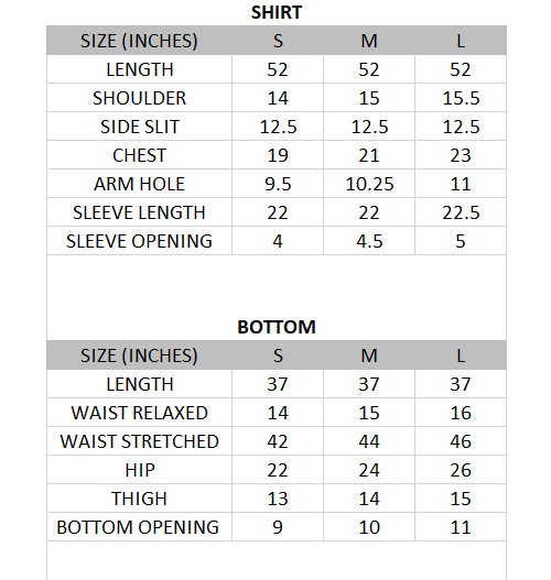 Size chart for Farah - Eid Collection 3 piece
