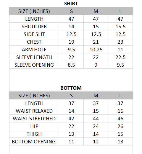 Size chart for Abeer - Eid Collection 3 piece