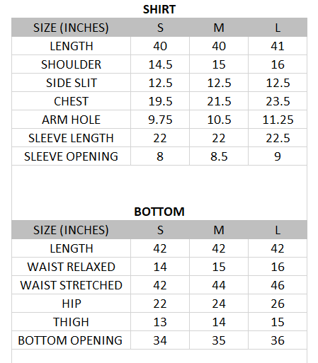 Size chart for Noor - Eid Collection 3 piece