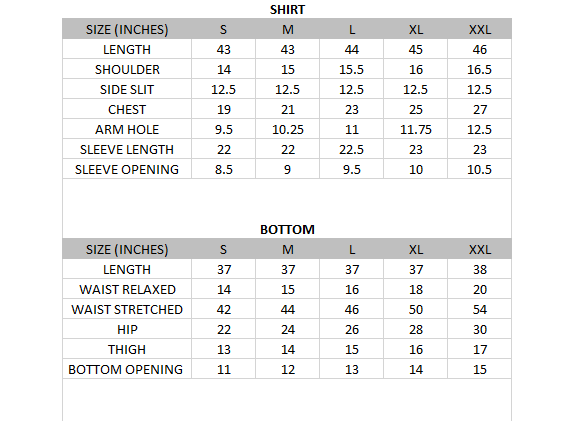 Size chart for Snowdrop - Lawn Collection 3 Piece
