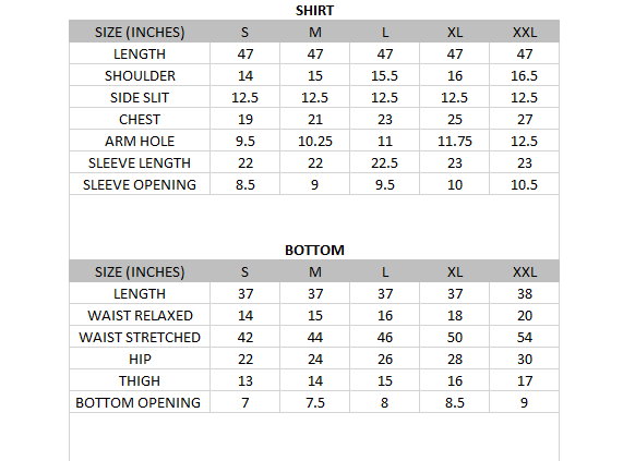 Size chart for Marigold - Lawn Collection 3 Piece
