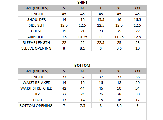 Size chart for Lush - Lawn Collection 3 Piece