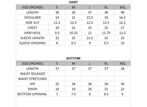 Size chart for Blush - Lawn Collection 3 Piece