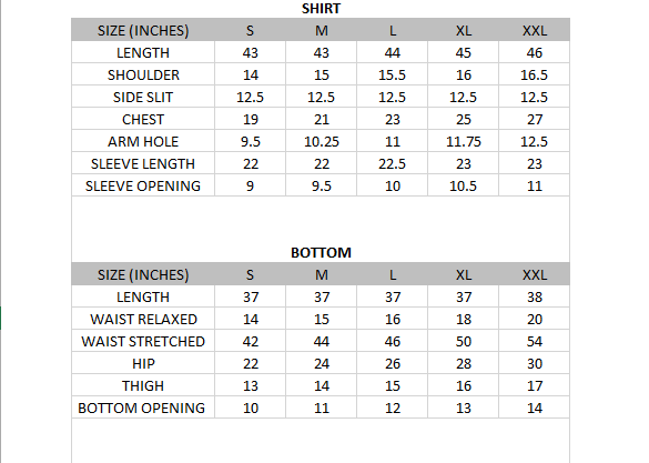 Size chart for Aster - Lawn Collection 3 Piece