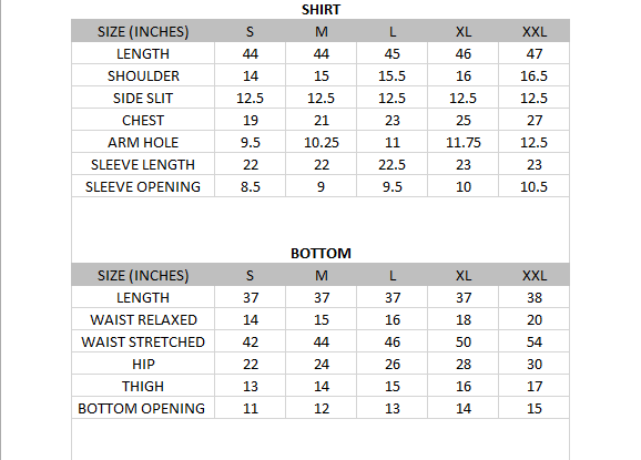 Size chart for Butterap - Lawn Collection 3 Piece
