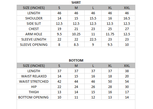 Size chart for Bloom - Lawn Collection 3 Piece