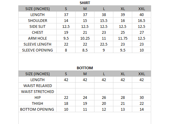 Size chart for Floret - Lawn Collection 3 Piece