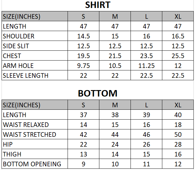Size chart for Morning Glory - Summer Charm 3 Piece