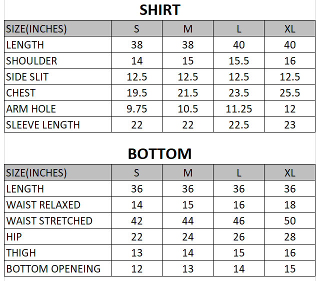 Size chart for Sage - Rang e Bahar  - 2 Piece