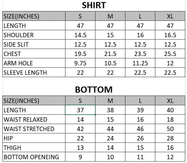 Size chart for Nazakat - Nazli - 3 Piece