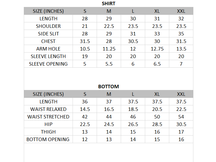 Size chart for Terracotta Eas - Cotton net	2 Piece