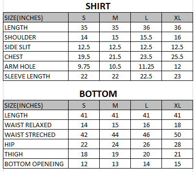 Size chart for Crimson - Rang e Bahar  - 2 Piece