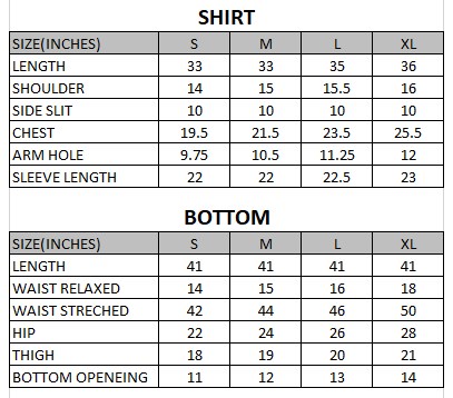 Size chart for Dahlia - Rang e Bahar  - 2 Piece