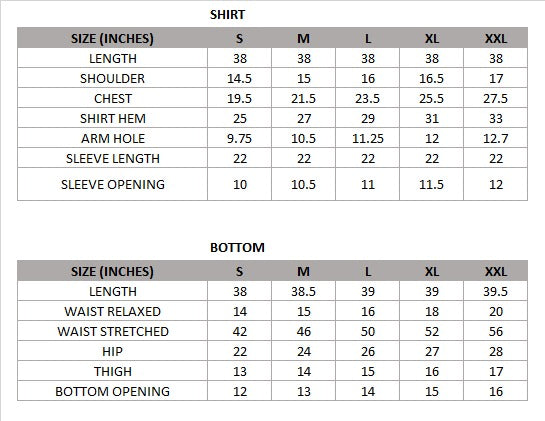 Size chart for Polka Bloom (Black) – Premium 2-Piece Suit
