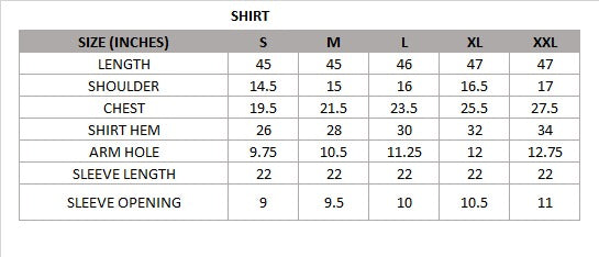 Size chart for Sayah (Black) – Premium Embroidered Shirt