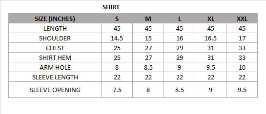 Size chart for Zarmina (Dark Blue) – Signature Embroidered Velvet Shirt