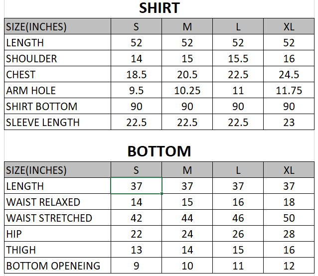 Size chart for Raat ki Rani-Anarkali - 2 piece