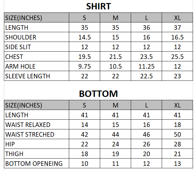 Size chart for Onyx - Rang e Bahar  - 3 Piece