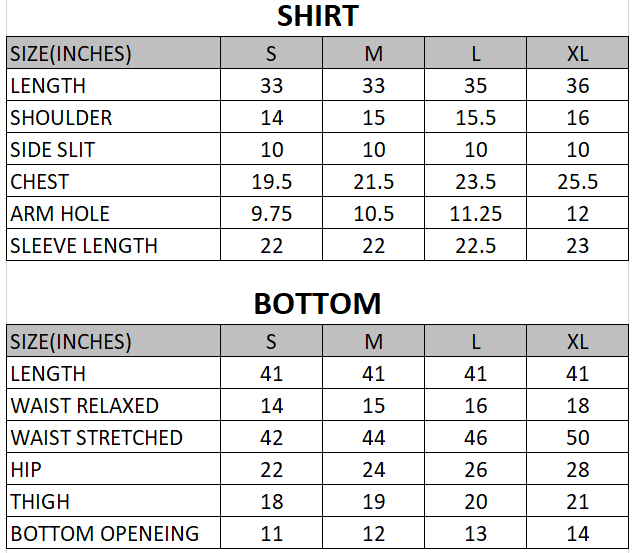 Size chart for Dahlia - Rang e Bahar  - 2 Piece