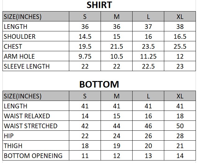 Size chart for Flame - Rang e Bahar  - 3 Piece